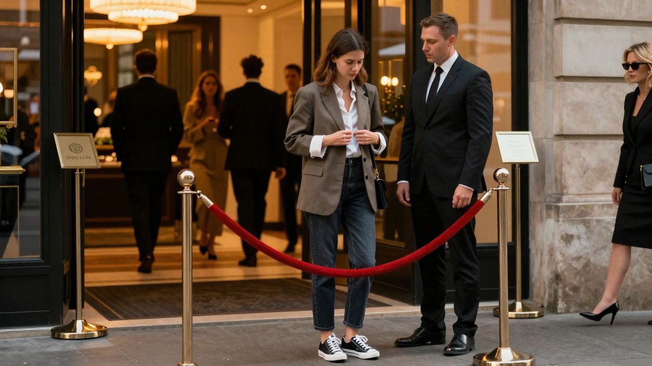 Mulher com blazer e tênis conversando com homem de terno próximo a cordão vermelho em entrada elegante.
