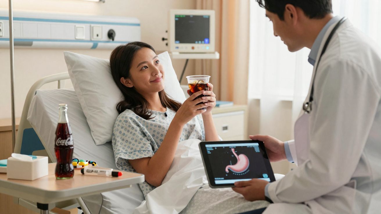 Paciente segurando copo com refrigerante na cama do hospital enquanto conversa com médico mostrando imagem de estômago em tab