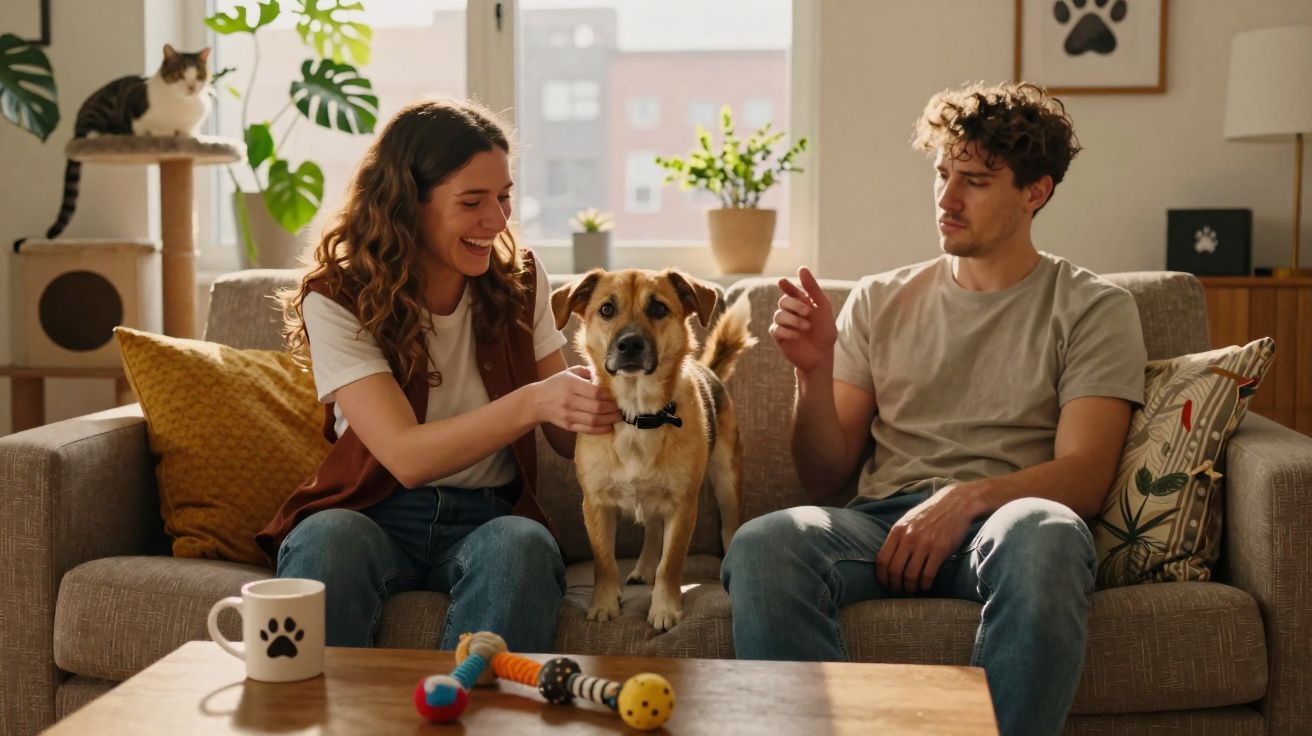 Casal sentado no sofá brincando com cachorro, gato no arranhador ao fundo em sala iluminada.