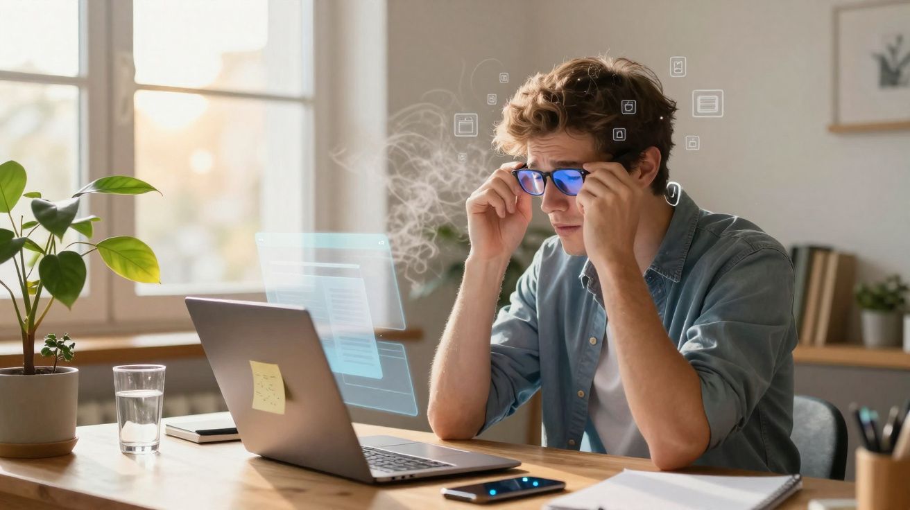 Jovem com óculos ajusta a visão enquanto trabalha concentrado em laptop em ambiente iluminado.