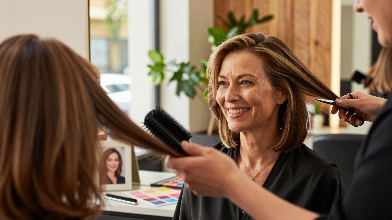 Mulher sorridente fazendo penteado em salão de beleza, com cabeleireiro trabalhando no cabelo dela.