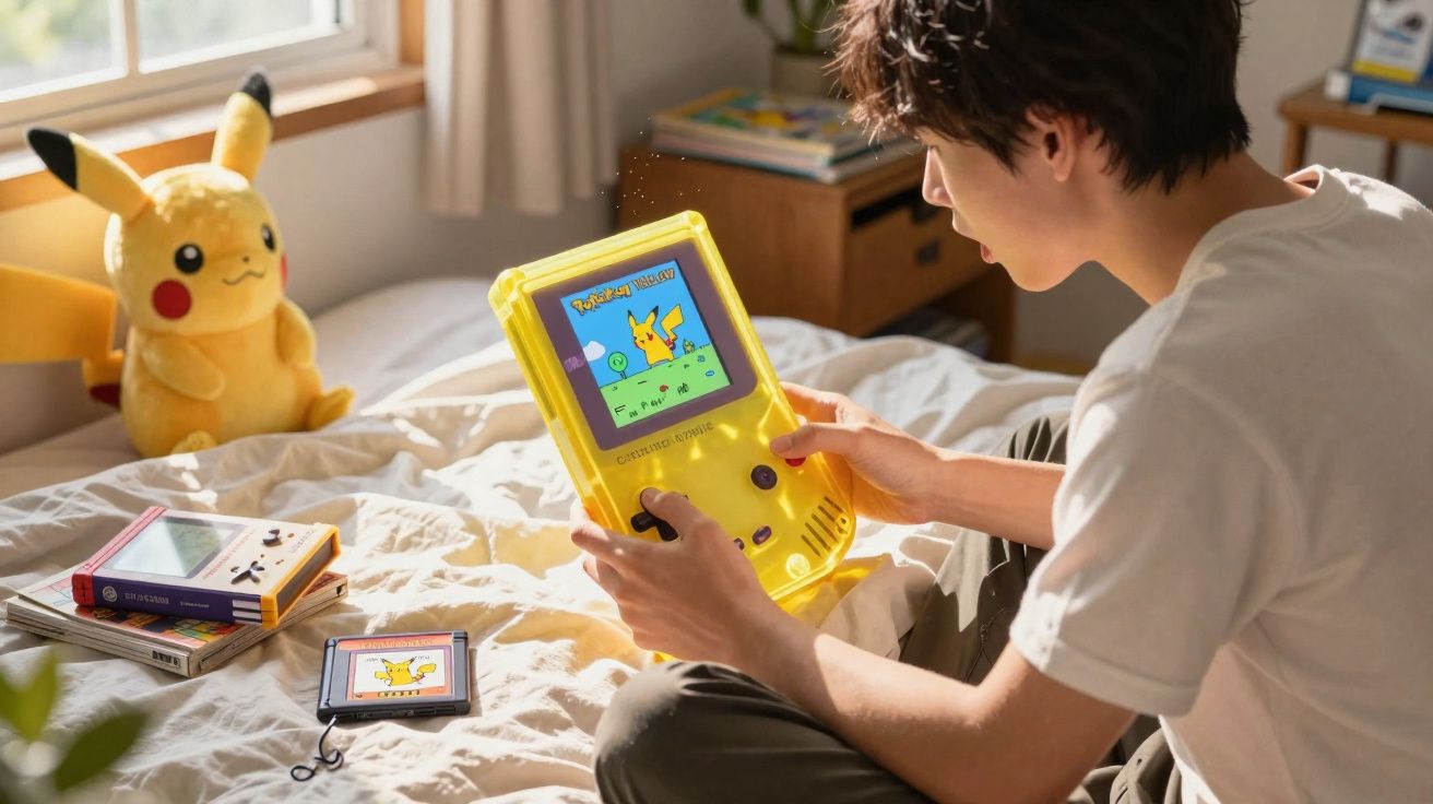 Jovem sentado em cama jogando videogame portátil amarelo com Pikachu na tela e pelúcia ao fundo.