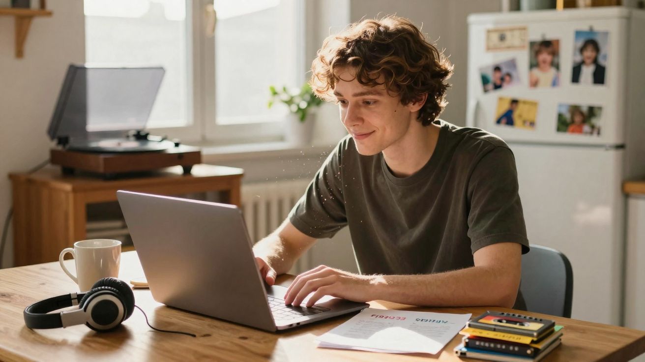 Jovem sorrindo enquanto usa laptop em mesa de madeira com fones, caneca e pilha de cadernos em cozinha iluminada.