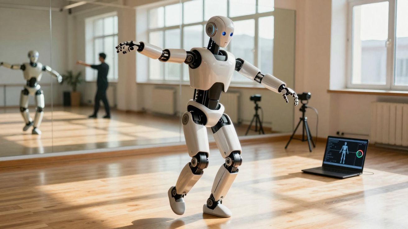 Robô branco realizando movimentos de dança em estúdio moderno com espelho e laptop ao fundo.