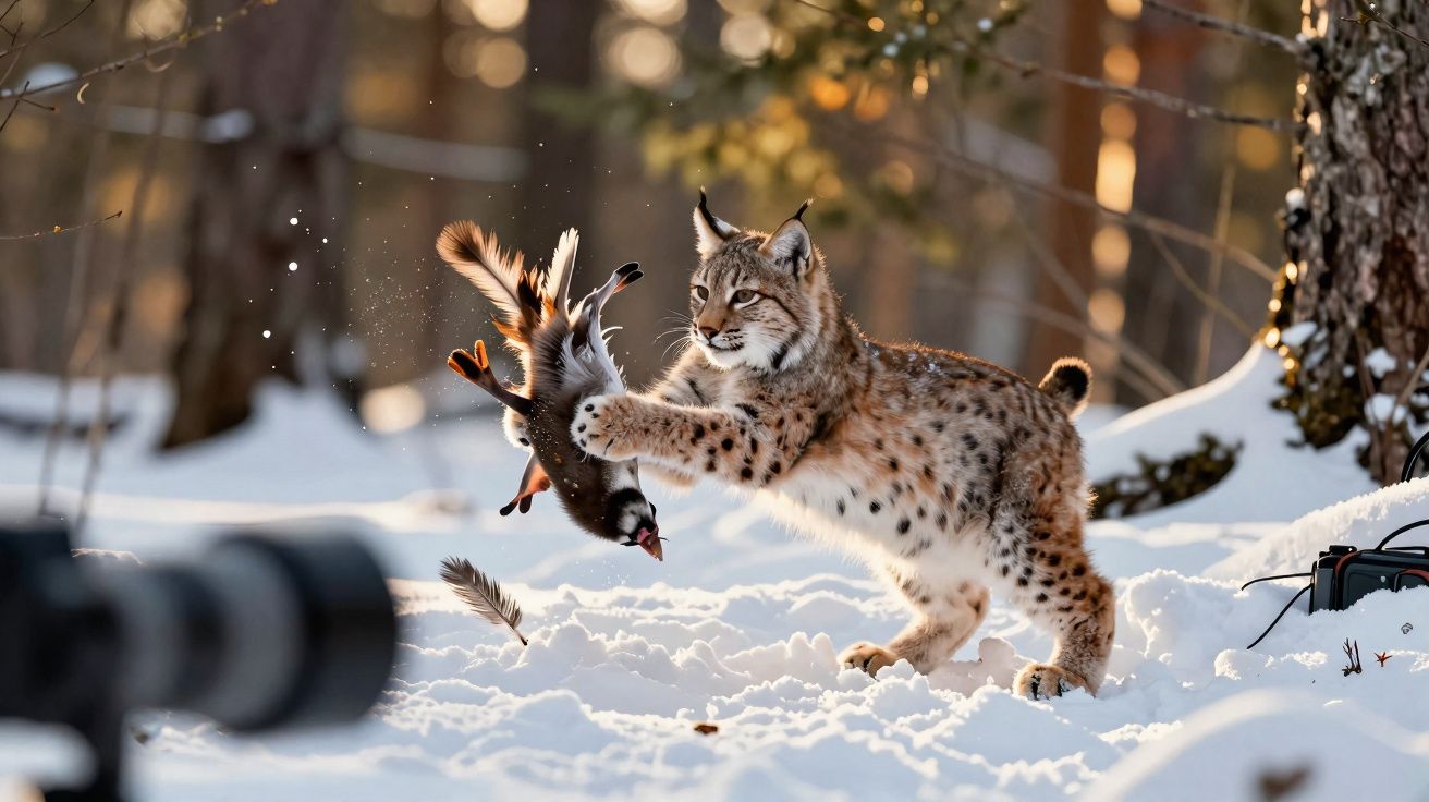 Lince capturando um pássaro na neve durante o pôr do sol em floresta coberta de neve.