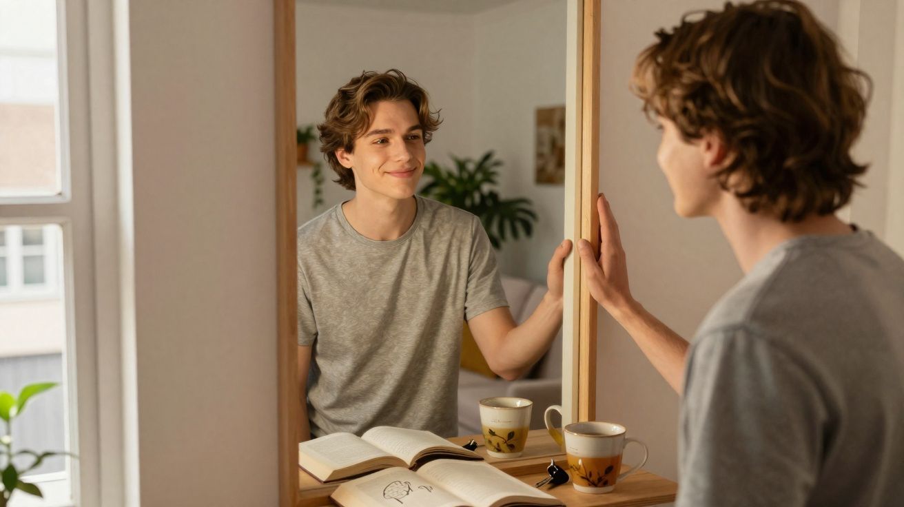 Jovem sorrindo ao se olhar no espelho com livros e xícaras sobre a mesa em quarto iluminado.