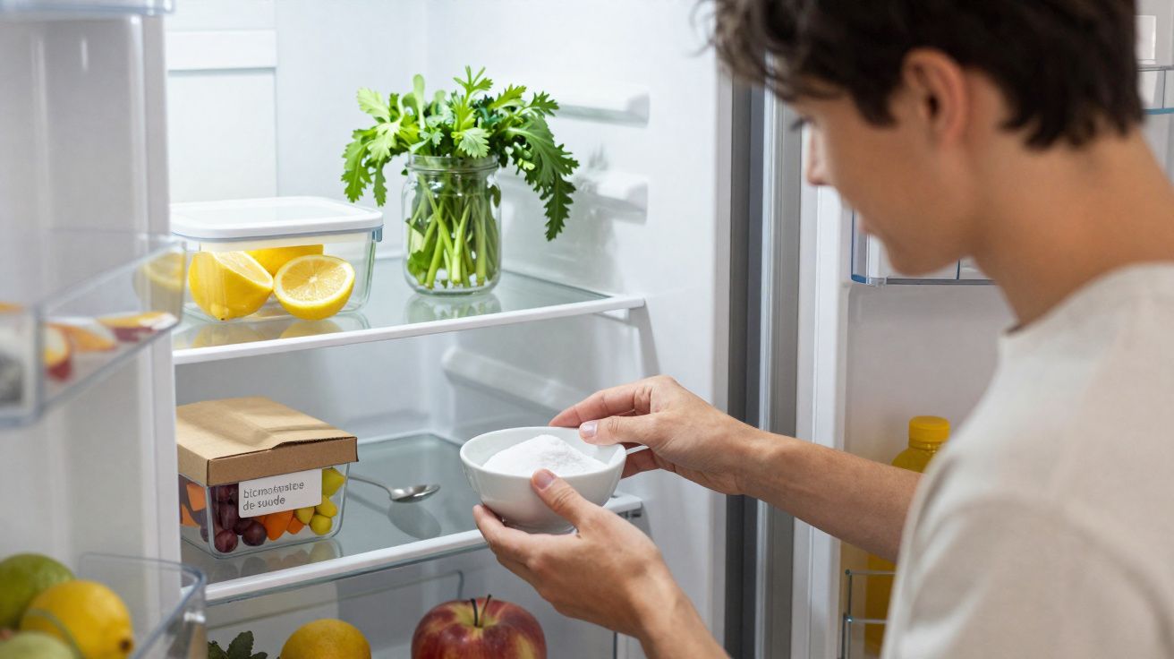 Pessoa colocando tigela com sal dentro da geladeira aberta com frutas, ervas e potes.