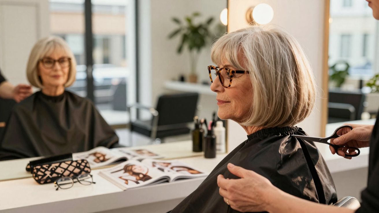 Mulher madura de cabelo branco curto e óculos faz corte de cabelo em salão de beleza moderno.