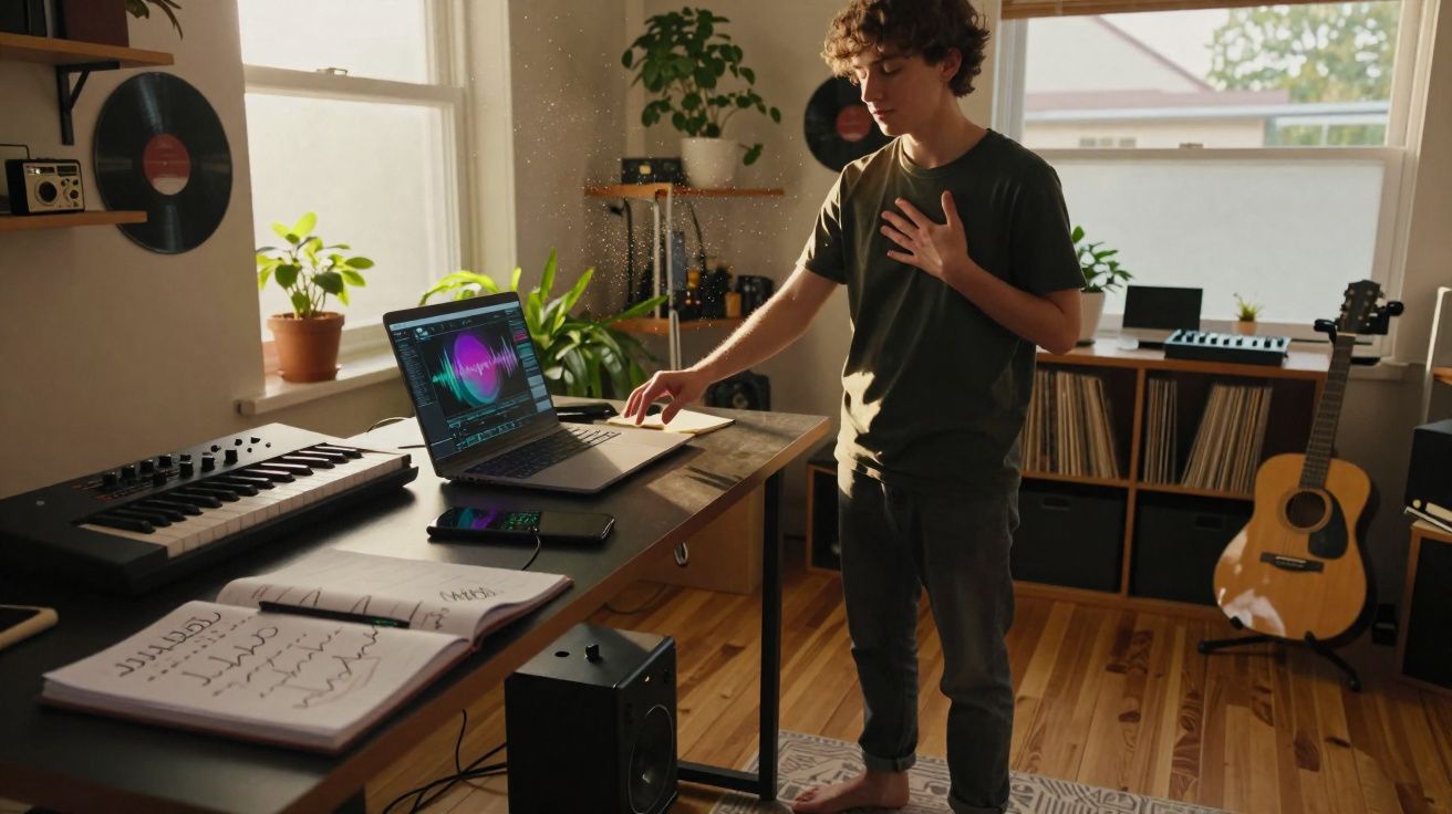Jovem em pé em estúdio caseiro de música, usando laptop e rodeado por instrumentos e plantas.