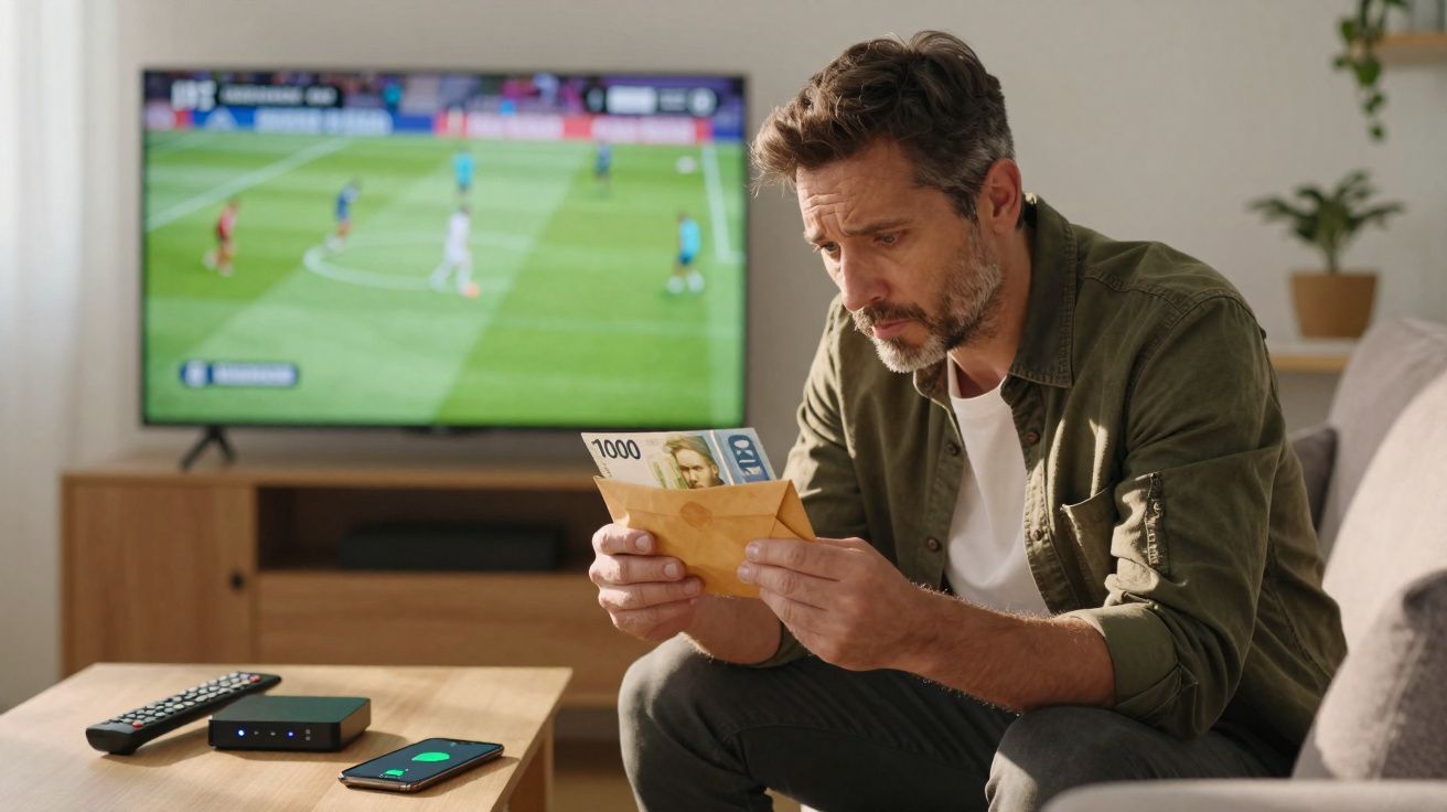 Homem sentado no sofá, olhando preocupado para dinheiro em envelope, com futebol na TV ao fundo.