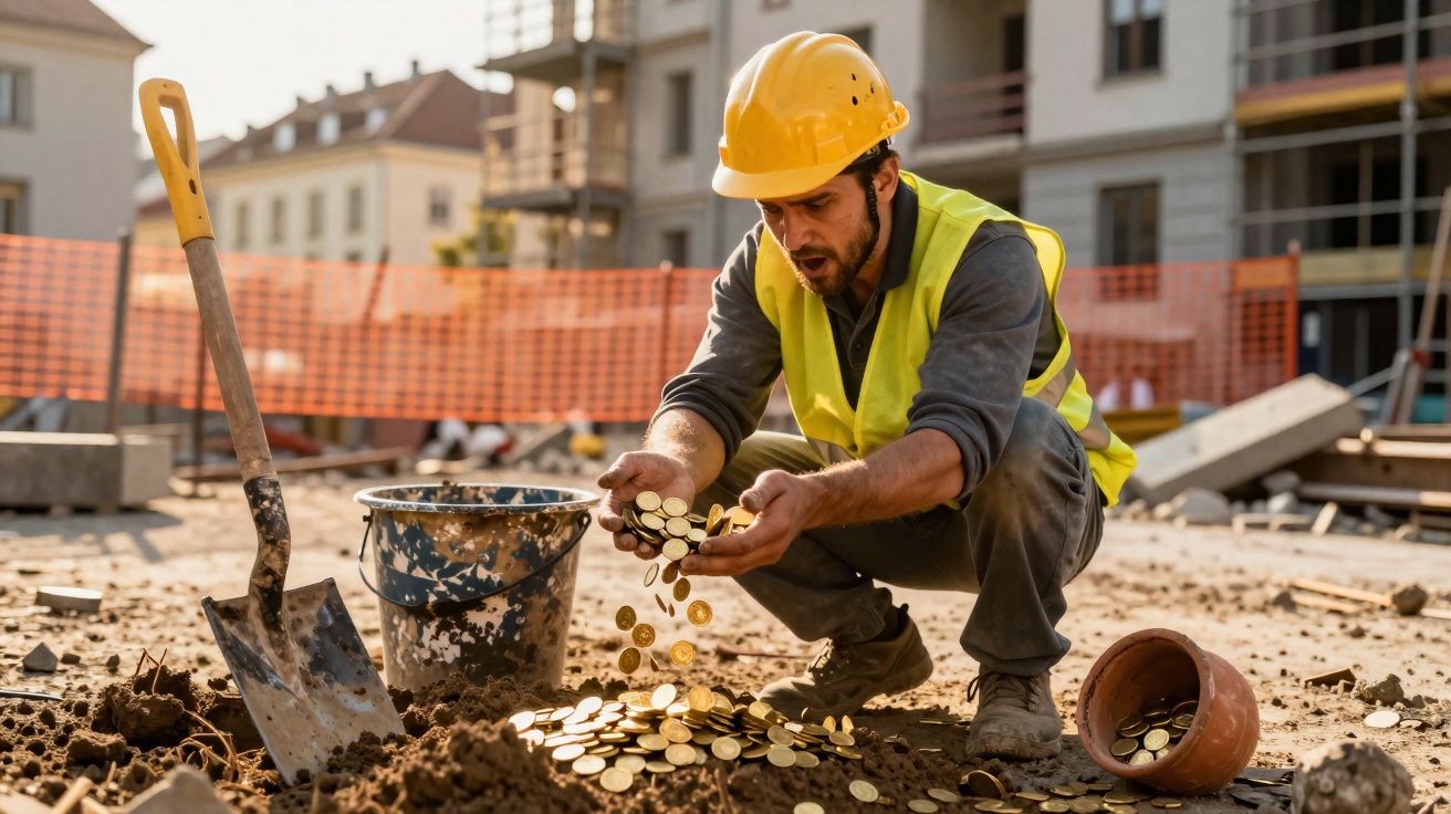 Homem com capacete e colete amarelo pega moedas de ouro em obra de construção civil.