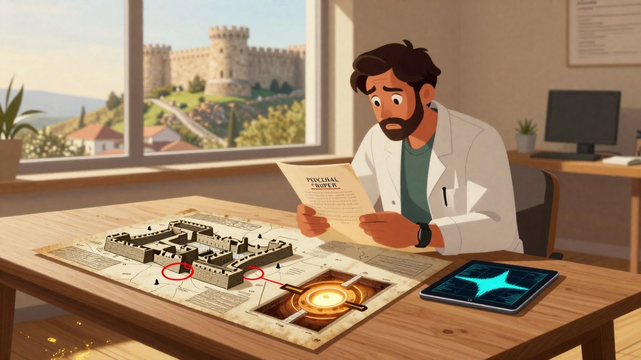 Homem com jaleco branco analisa documento sentado à mesa com maquete de castelo e tablet, janela mostra castelo real.