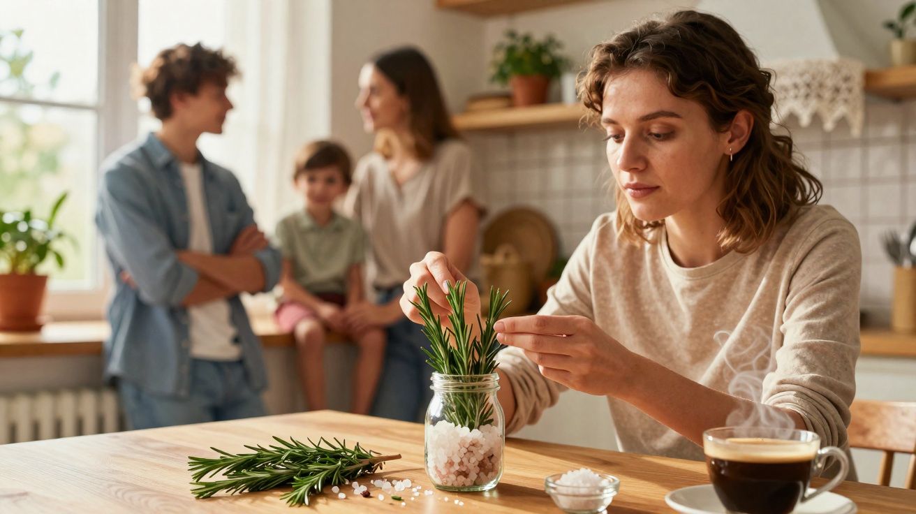 Mulher prepara jarro com ervas enquanto família conversa ao fundo em cozinha iluminada.