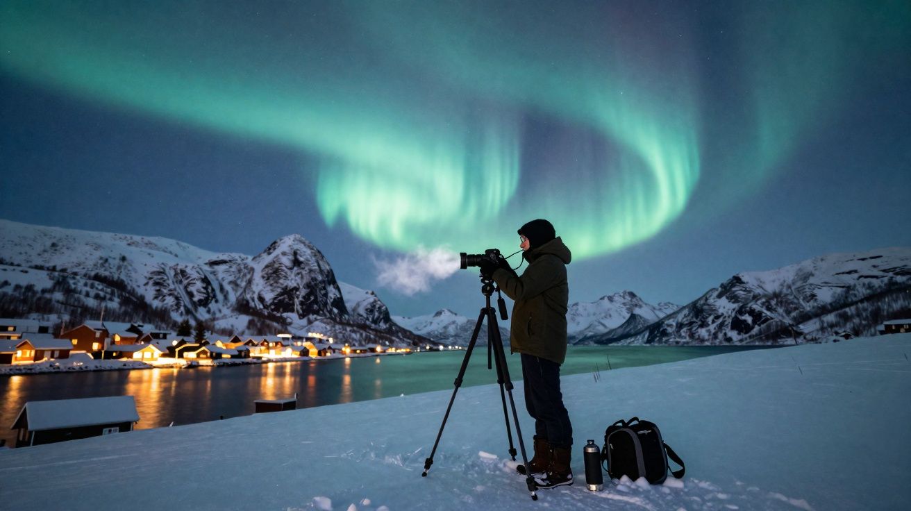Pessoa fotografando a aurora boreal com montanhas e casas iluminadas ao fundo na neve.
