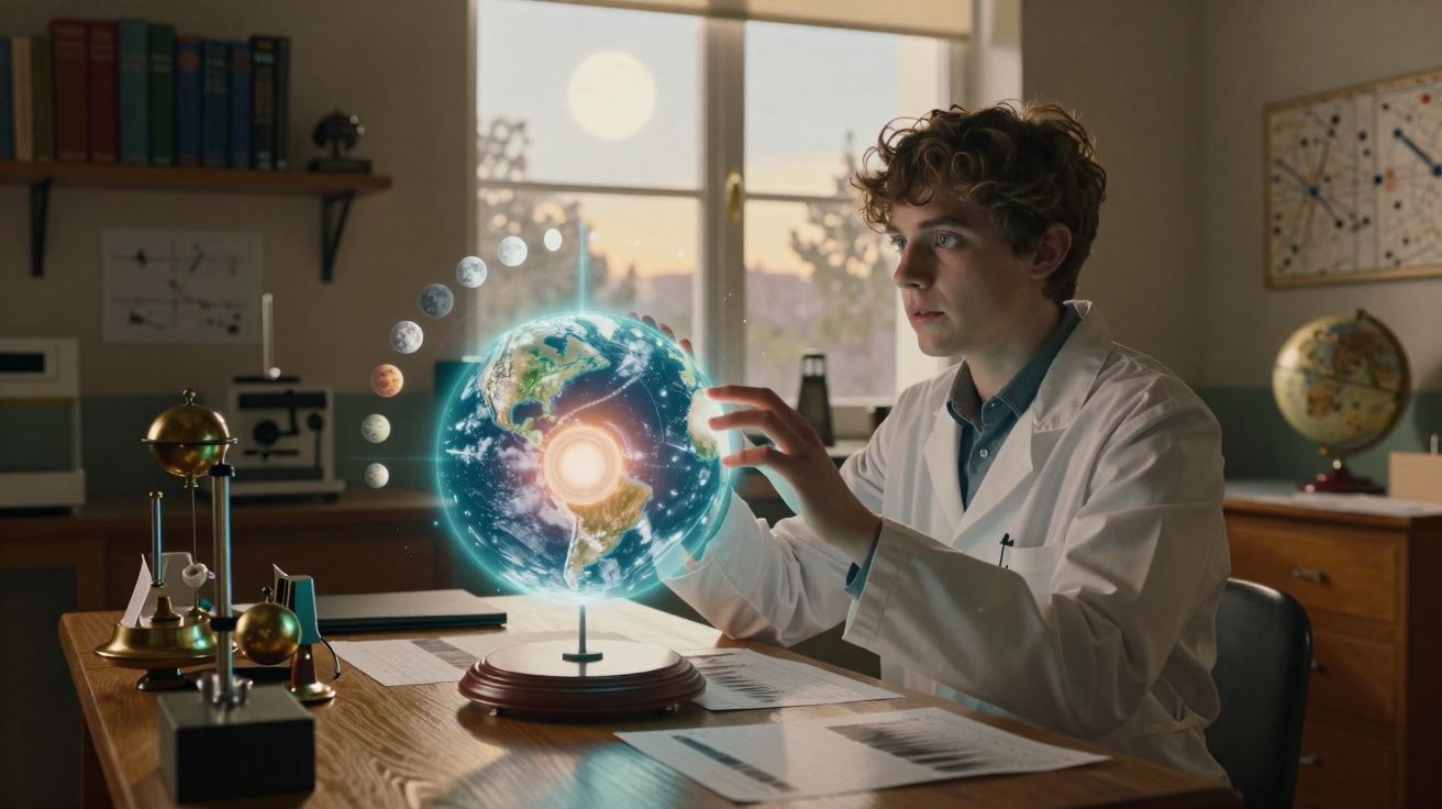 Jovem cientista em laboratório interage com modelo holográfico do sistema solar sobre mesa de madeira.
