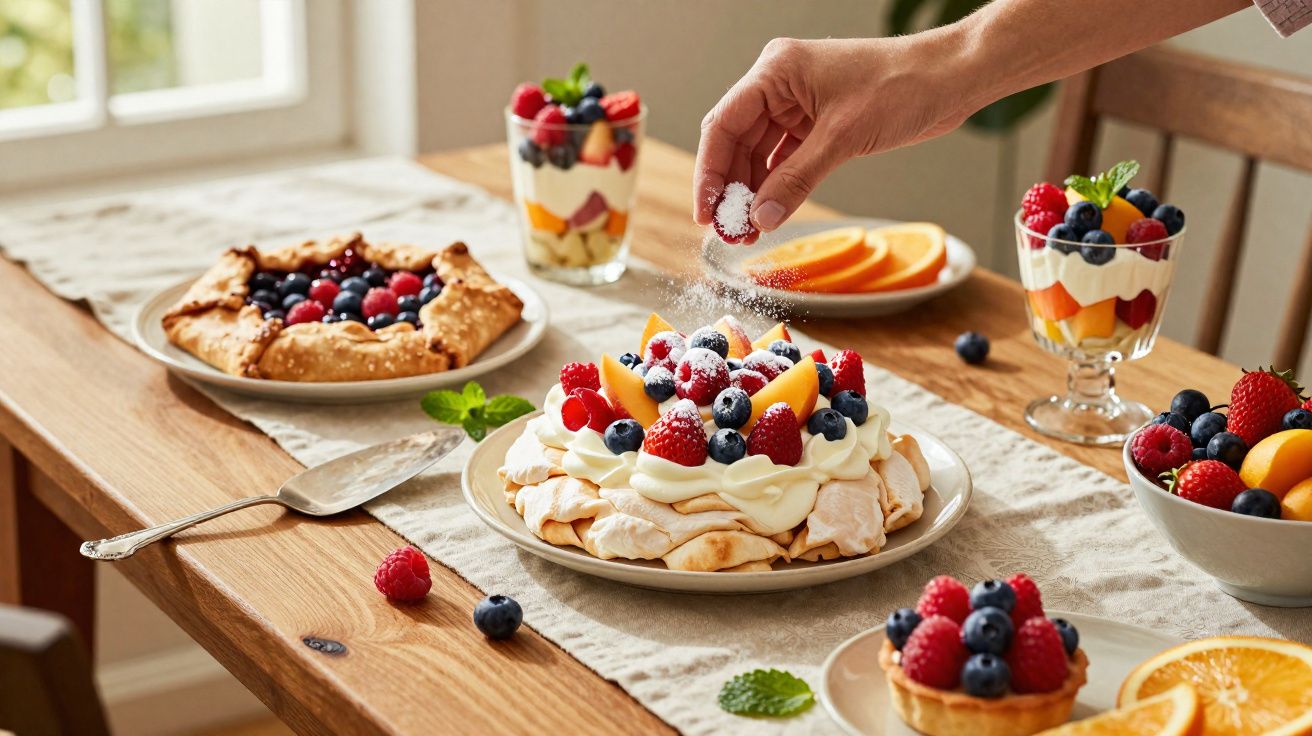 Mesa de madeira com sobremesas de frutas vermelhas, chantilly e fatias de laranja decoradas.