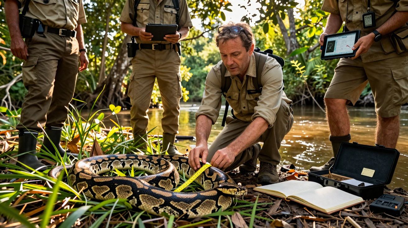 Equipe de pesquisadores medindo a cobra píton em área de floresta próxima a rio.