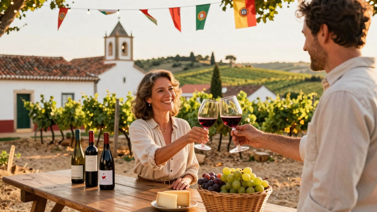 Casal brindando com taças de vinho tinto em vinícola ao ar livre com mesa, uvas e queijo.