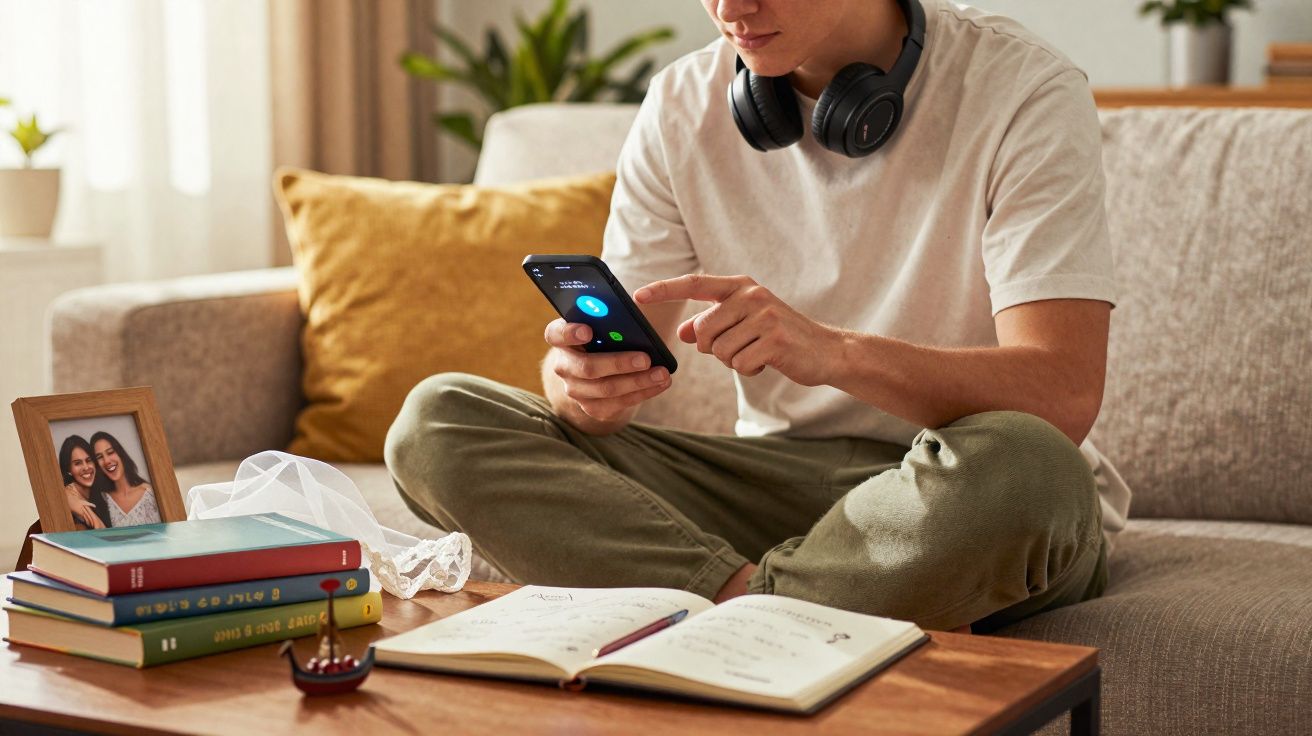 Jovem sentado no sofá com fones de ouvido, usando celular e estudando com livros e caderno na mesa.