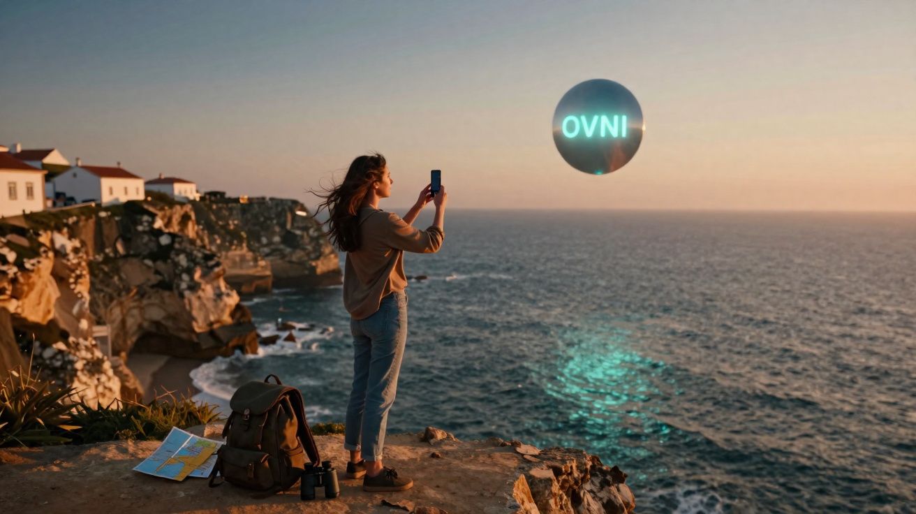 Mulher tira foto de esfera flutuante com a palavra OVNI na beira de penhasco ao pôr do sol.