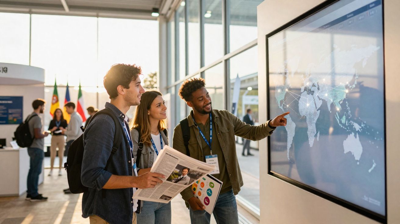 Três jovens observam e discutem mapa digital em tela grande dentro de ambiente claro e moderno.
