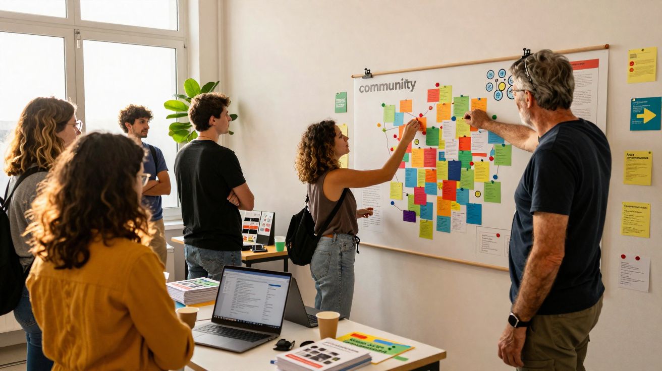 Grupo de pessoas em reunião colaborativa analisando quadro com notas coloridas fixadas na parede.