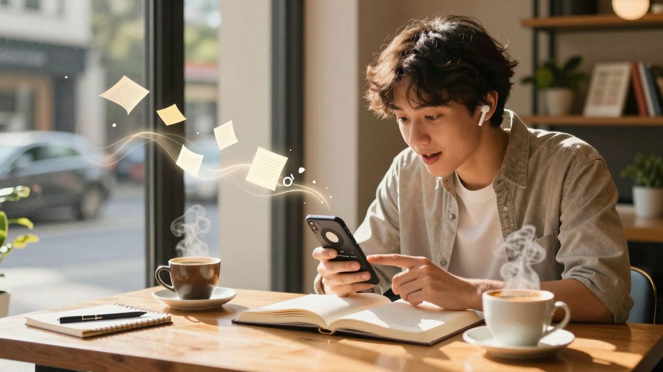 Jovem usando fones de ouvido, sentado à mesa com livros, café e olhando para o celular numa cafeteria iluminada.