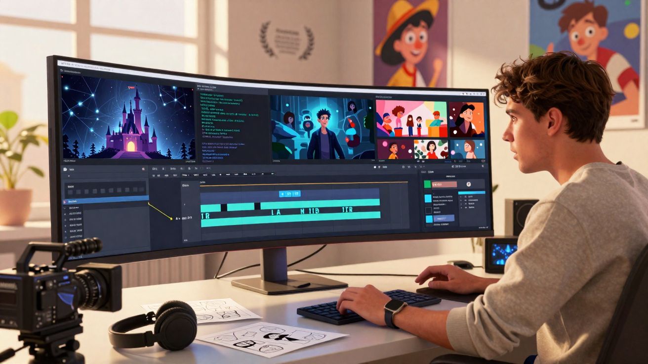 Homem editando animação digital em monitor ultrawide com câmera e fones em mesa iluminada por luz natural.