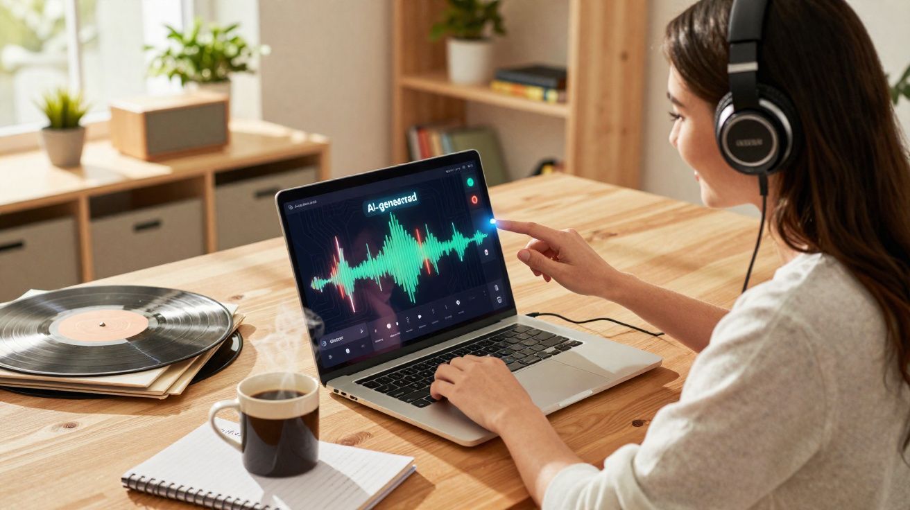 Mulher com fones ajusta som em laptop com gráfico de áudio, ao lado de café, caderno e disco de vinil.