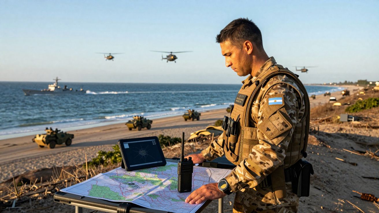 Soldado argentino em traje camuflado analisa mapa na praia com veículos militares e helicópteros ao fundo.