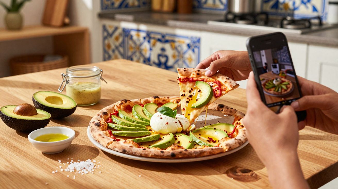Pizza com fatias de abacate e mussarela, uma mão segurando uma fatia e outra tirando foto com celular.