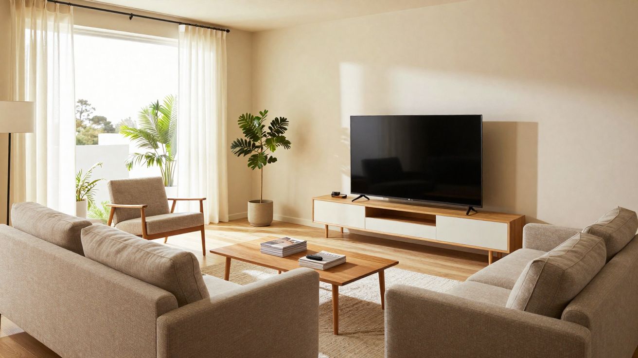Sala de estar com sofá cinza, poltrona, mesa de centro de madeira, planta e TV grande em rack moderno.