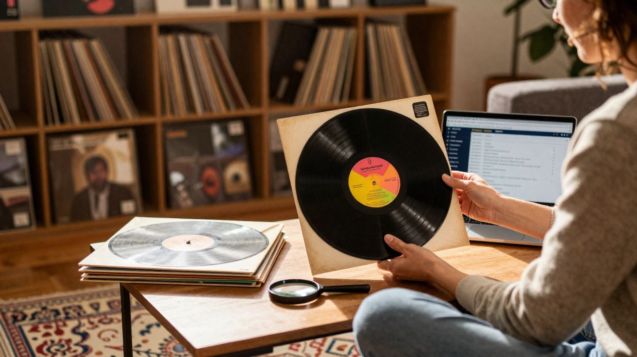 Pessoa segurando um disco de vinil, com coleção de vinis e laptop ao fundo em ambiente aconchegante.