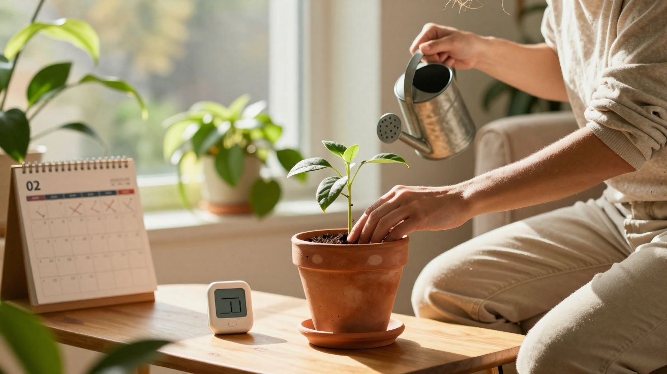Pessoa regando muda em vaso de terracota sobre mesa ao lado de calendário e planta em ambiente iluminado.
