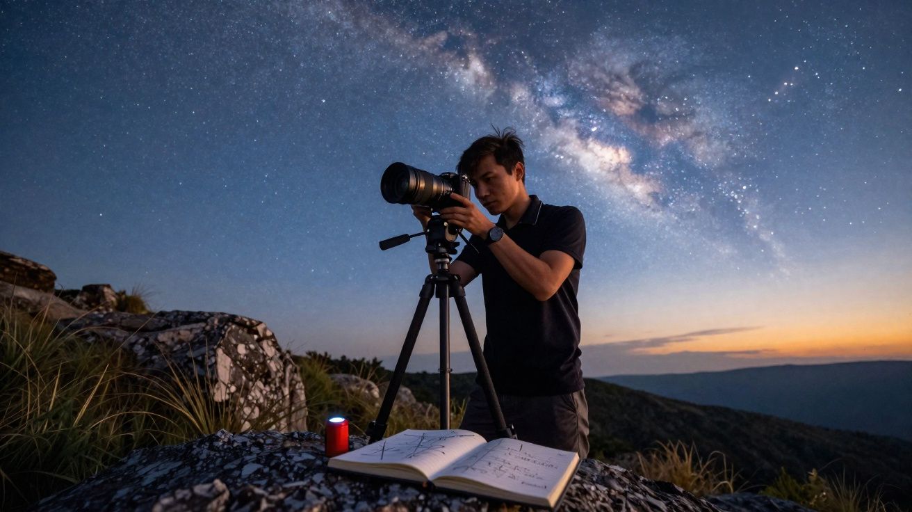 Homem ajusta câmera em tripé para fotografia noturna sob céu estrelado e Via Láctea em área montanhosa.