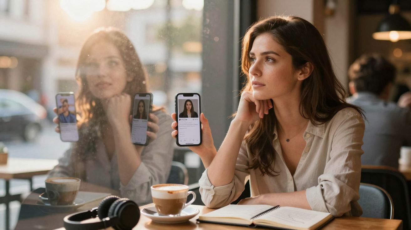 Mulher sentada em café com telefone mostrando currículo e caderno aberto, olhar pensativo pela janela.