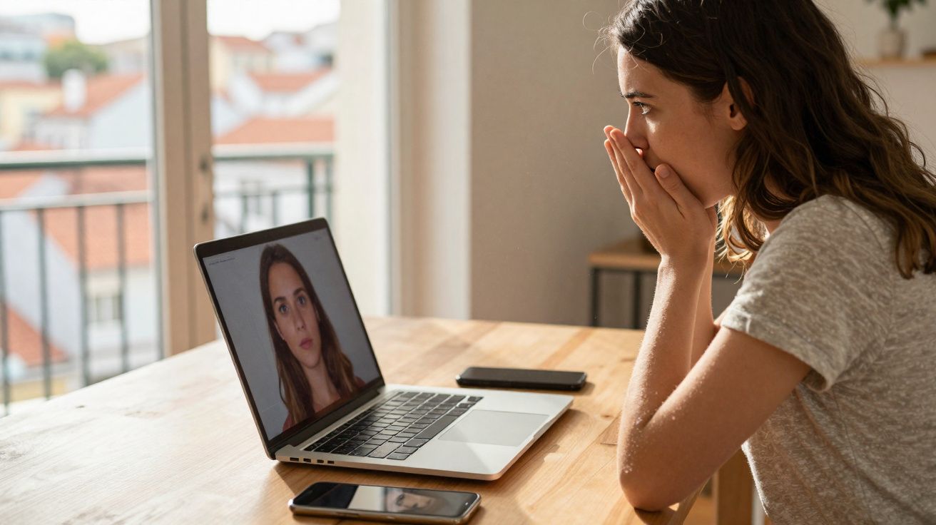 Mulher com expressão preocupada fazendo videochamada em laptop numa mesa com dois celulares.