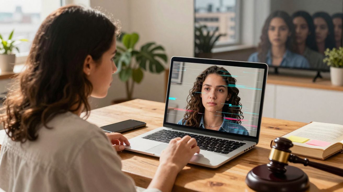Mulher fazendo reconhecimento facial em laptop, com malhete e livro aberto sobre mesa de madeira.