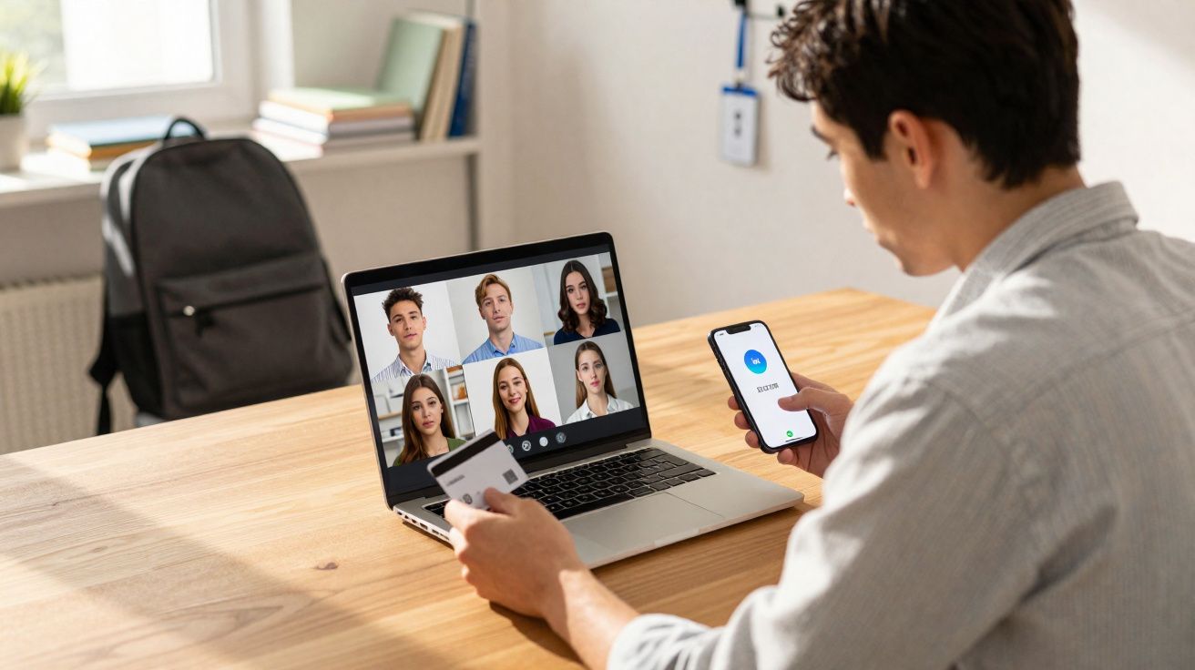 Homem usando celular e cartão para participar de reunião online com seis pessoas no notebook.