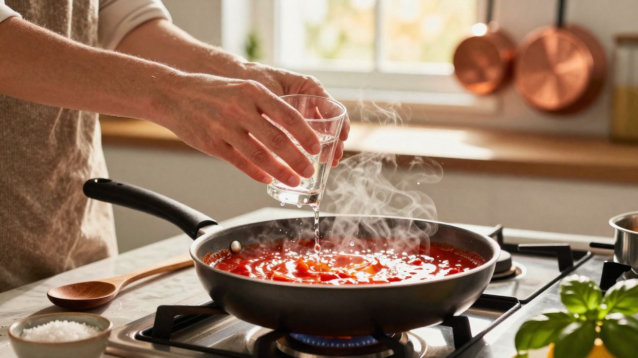 Pessoa adiciona água em panela no fogão com molho de tomate fervendo na cozinha iluminada.