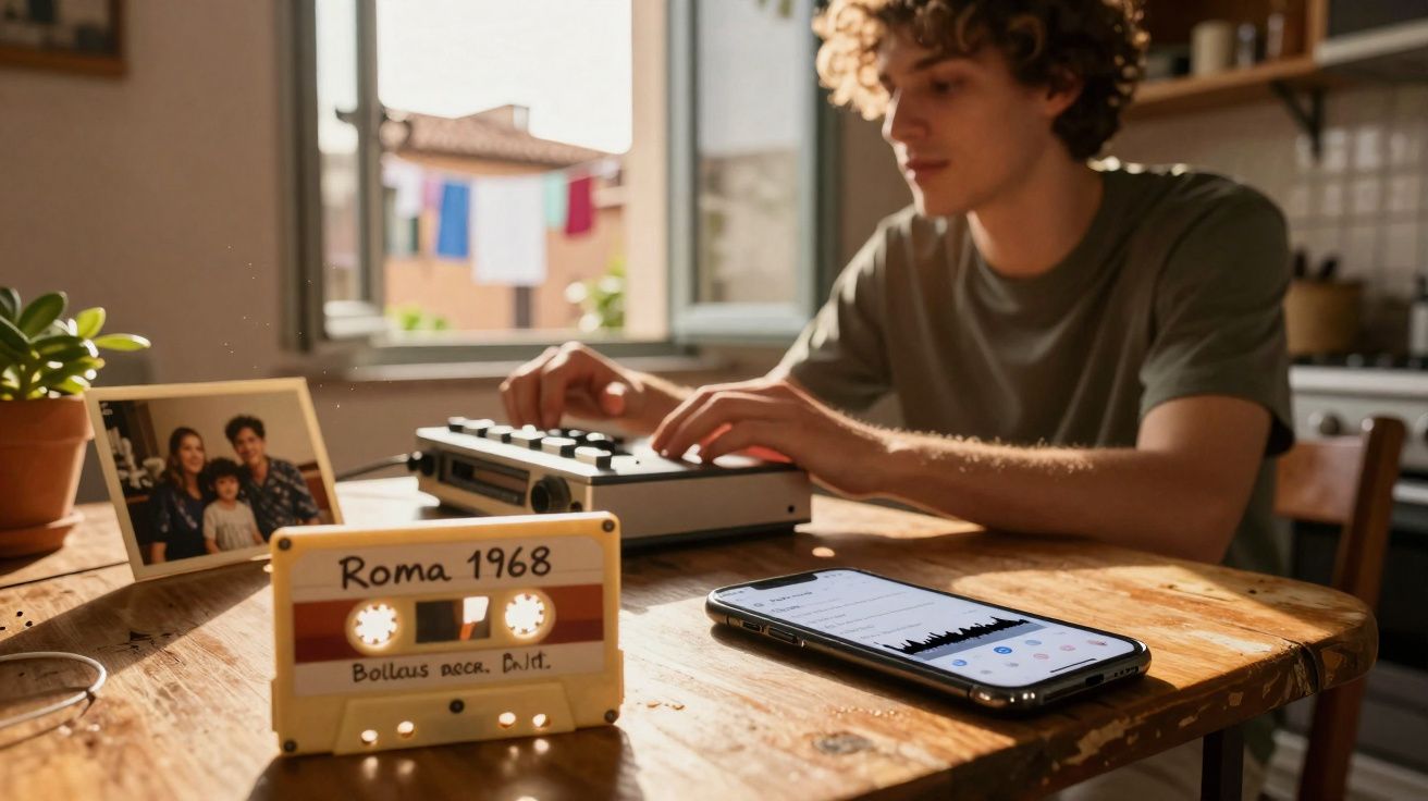 Jovem em mesa com fita cassete rotulada "Roma 1968," smartphone e gravador, luz natural entra pela janela.