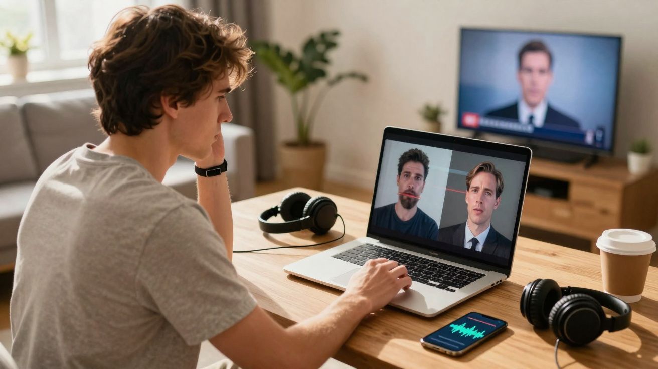 Jovem assiste a vídeo no laptop com dois homens, com fones e celular na mesa de madeira.