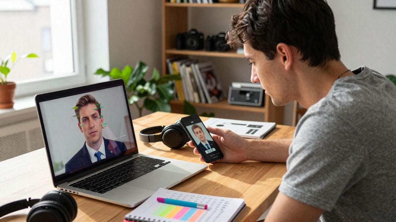 Homem analisando reconhecimento facial em laptop e celular durante trabalho em mesa com caderno e fones.
