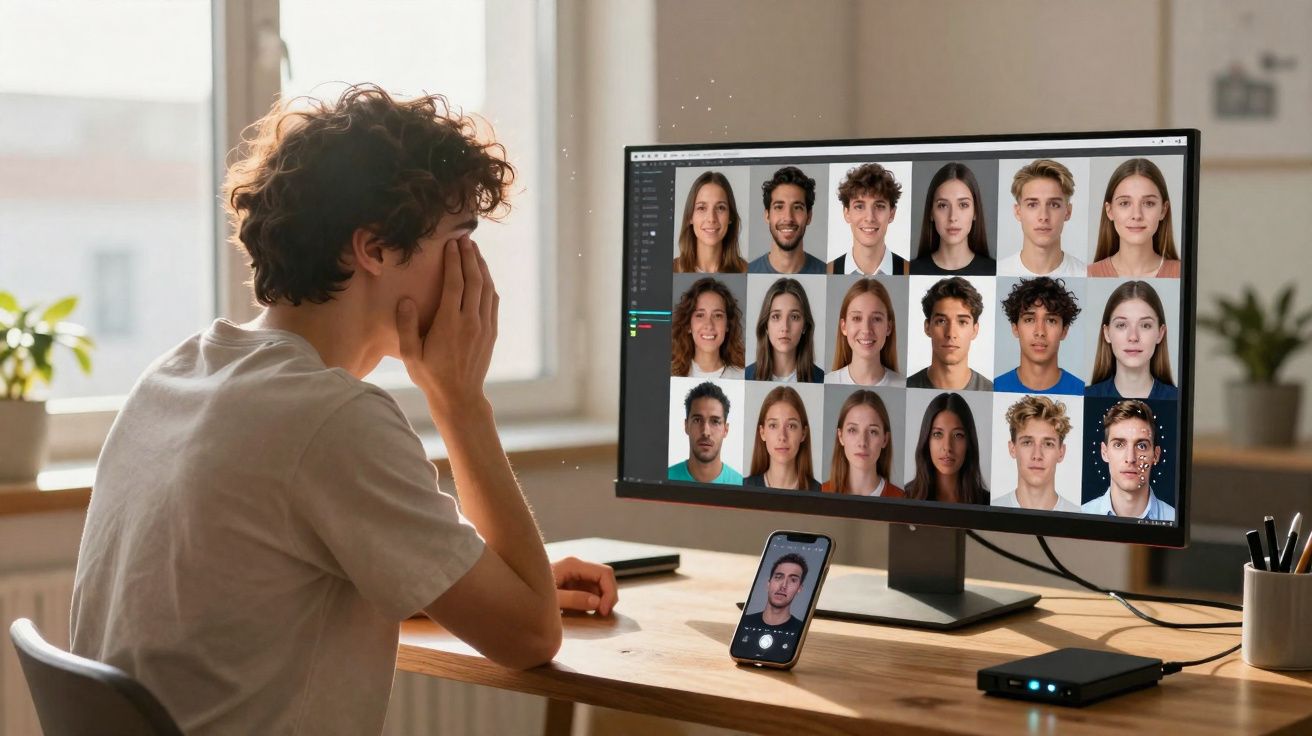 Pessoa com expressão cansada sentada em frente a monitor com várias fotos de rostos humanos.