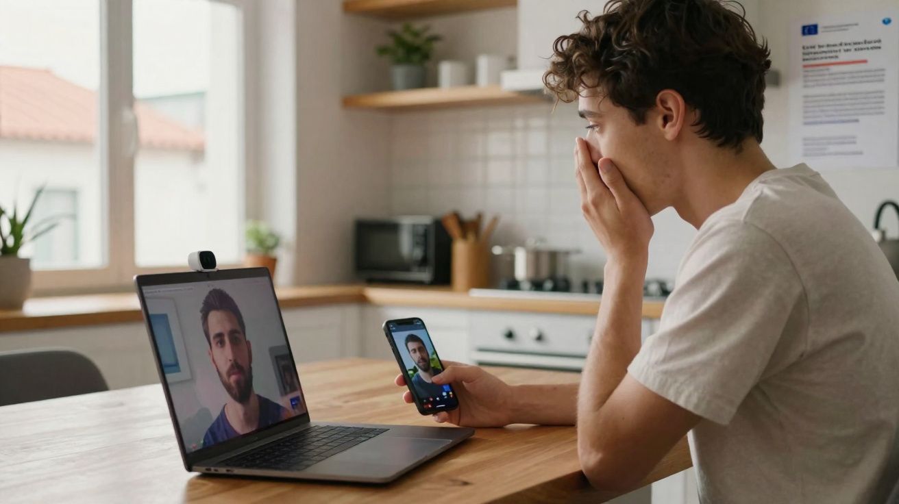 Jovem em chamada de vídeo no laptop e celular sentado à mesa de cozinha iluminada.