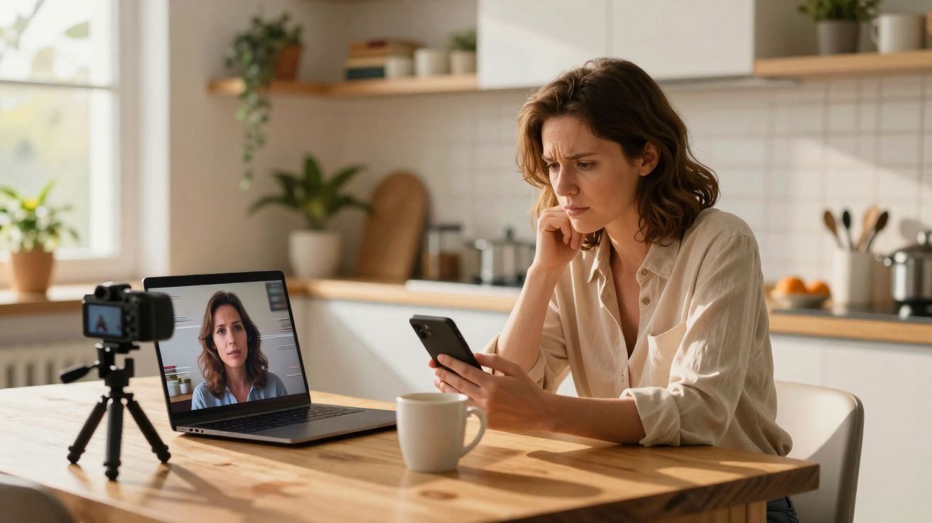 Mulher sentada à mesa com celular na mão, câmera, laptop e xícara em cozinha iluminada.
