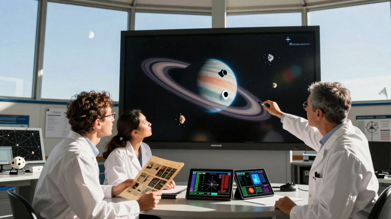 Cientistas em laboratório observando tela com imagem do planeta Saturno com anéis e luas ao redor.