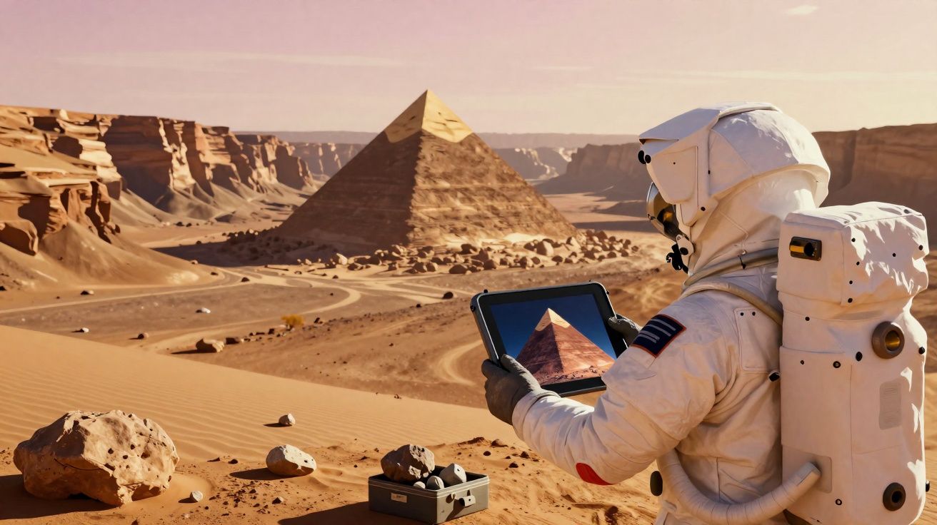 Astronauta em planeta desértico observa pirâmide antiga em tablet digital.