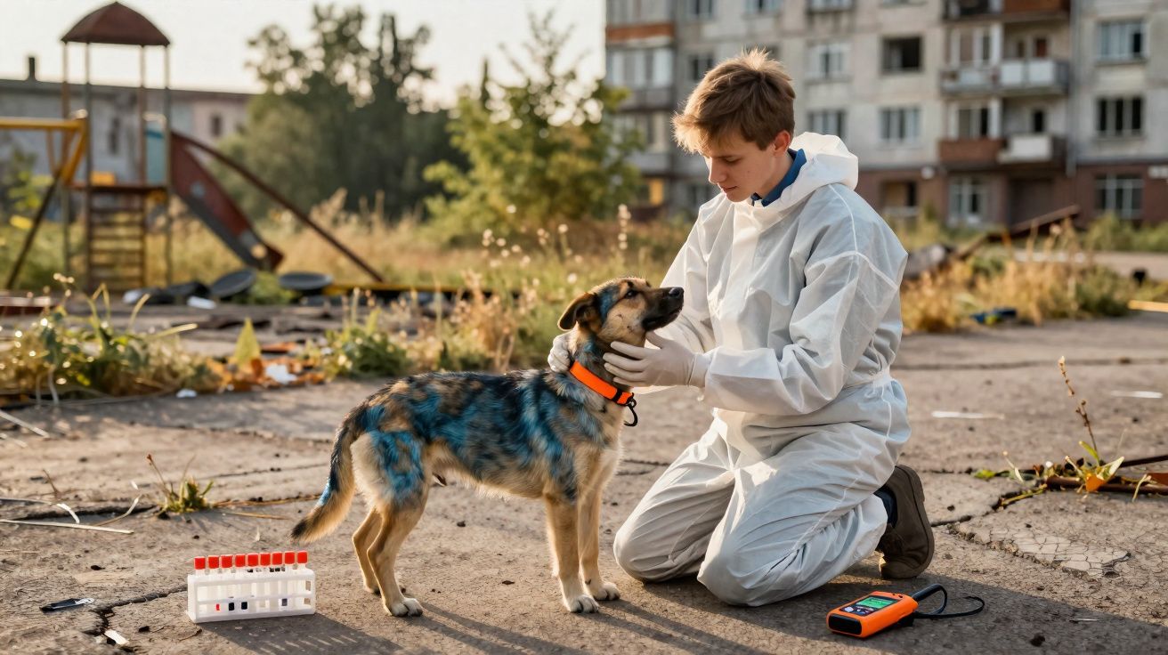 Pessoa com traje protetor branco examinando um cachorro com coleira laranja em área urbana externa.