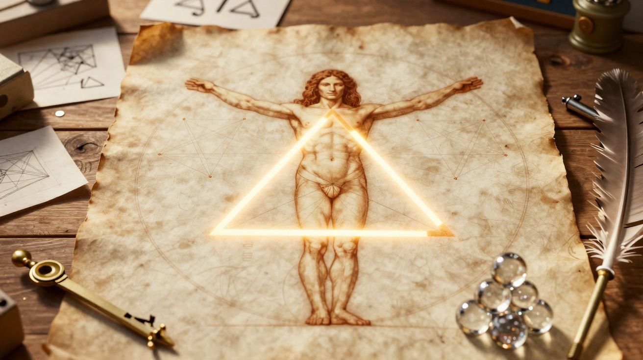 Desenho renascentista de homem com braços abertos, triângulo luminoso sobreposto, papéis e instrumentos antigos ao redor.